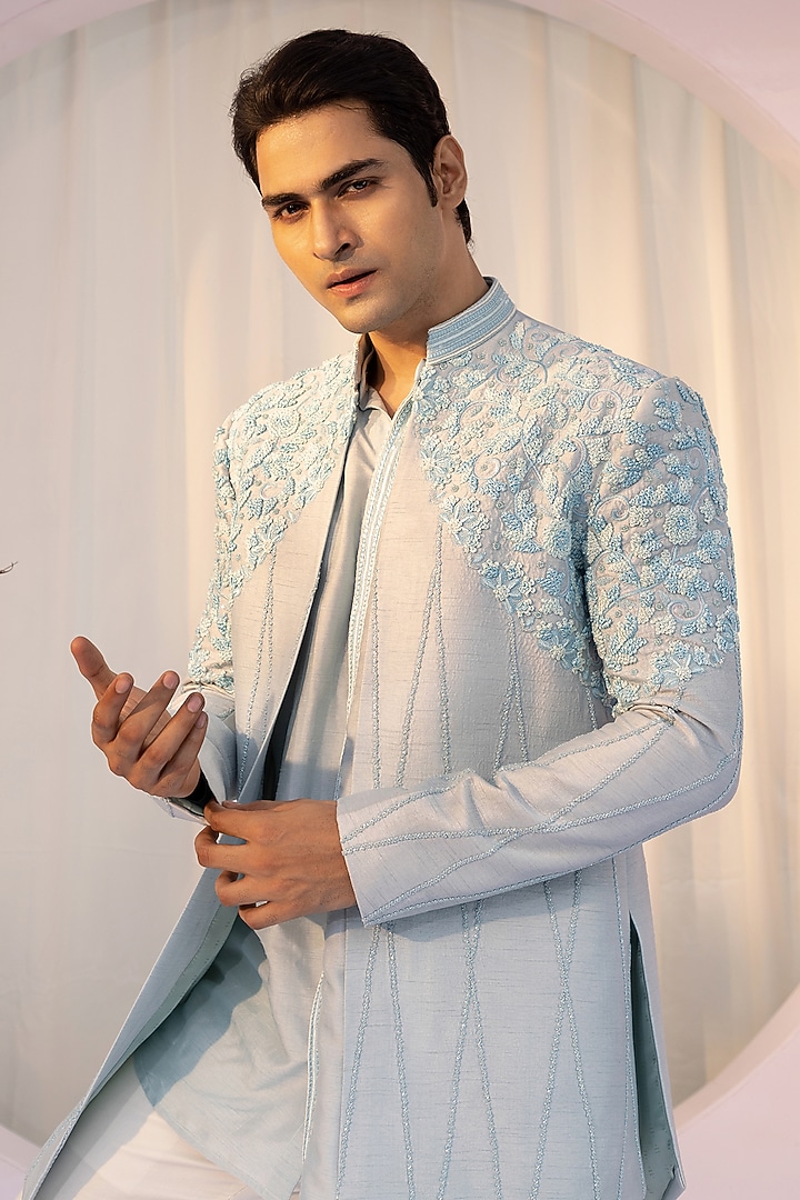 Powder Blue Bam Silk Embroidered Jacket Set by YOSEBA at Pernia's Pop Up Shop