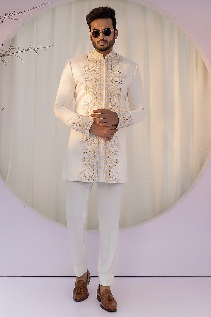 Ivory Premium Suiting Zardosi Embellished Achkan Set by YOSEBA at Pernia's Pop Up Shop