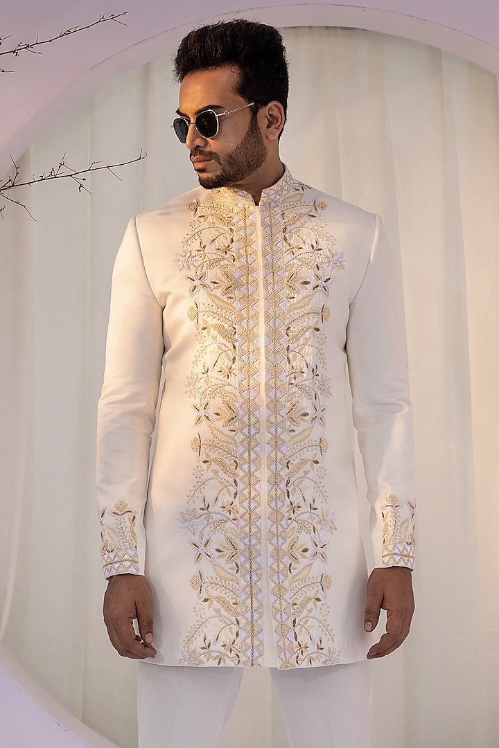 Ivory Premium Suiting Zardosi Embellished Achkan Set by YOSEBA at Pernia's Pop Up Shop