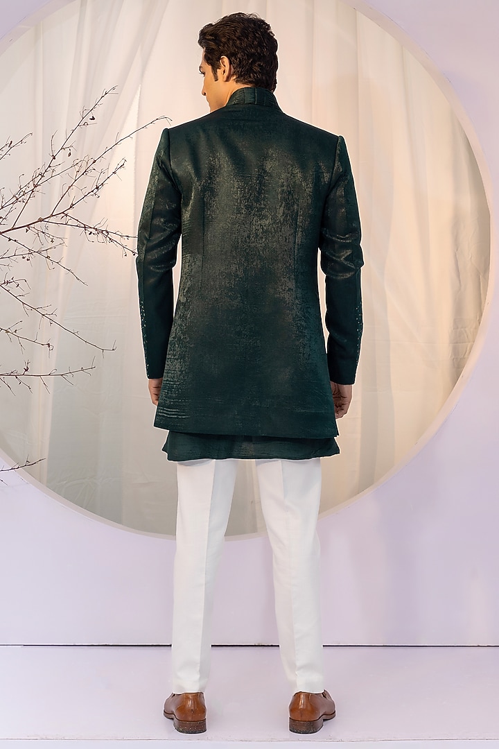 Emerald Green Linen Satin Cutdana Embroidered Jacket Set by YOSEBA at Pernia's Pop Up Shop
