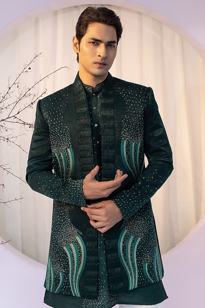 Emerald Green Linen Satin Cutdana Embroidered Jacket Set by YOSEBA at Pernia's Pop Up Shop