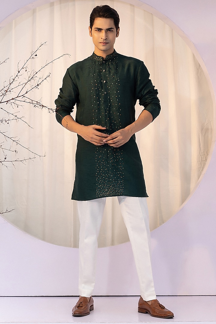 Emerald Green Bam Silk Kurta Set by YOSEBA