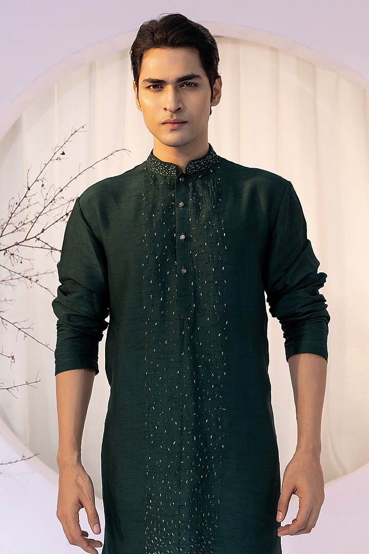 Emerald Green Bam Silk Kurta Set by YOSEBA at Pernia's Pop Up Shop