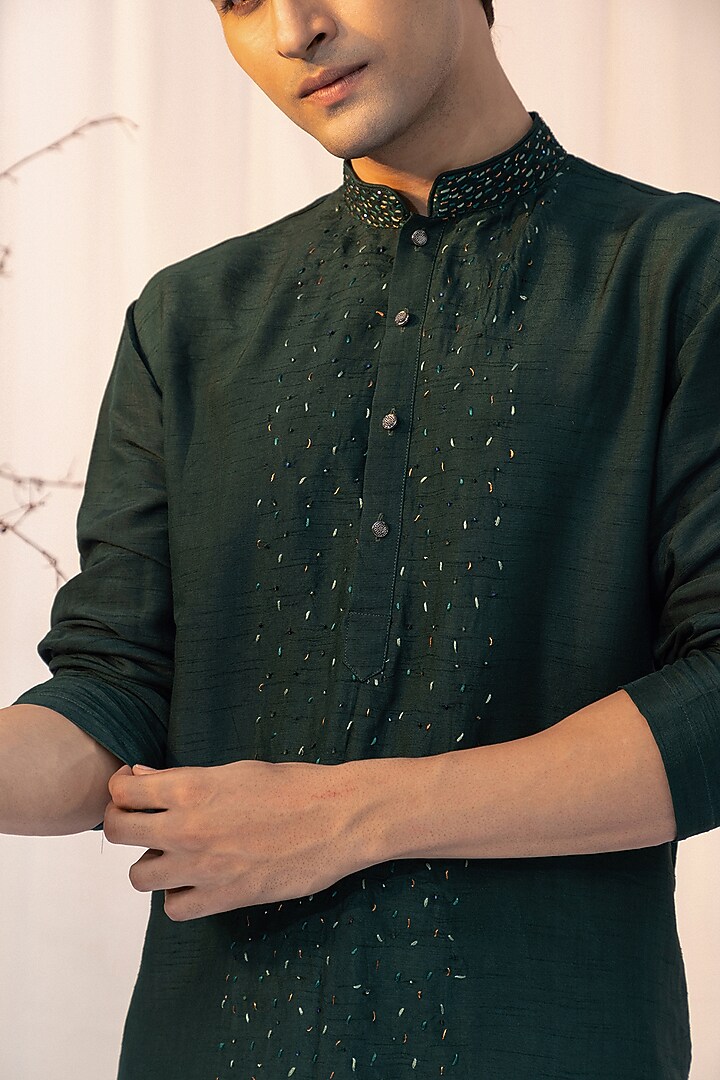 Emerald Green Bam Silk Kurta Set by YOSEBA at Pernia's Pop Up Shop