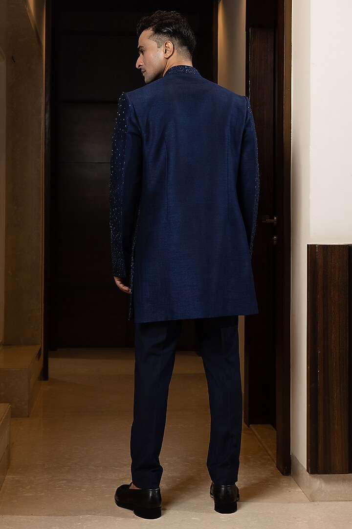 Navy Blue Bam Silk Embroidered Achkan Set by YOSEBA at Pernia's Pop Up Shop