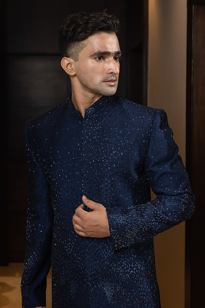 Navy Blue Bam Silk Embroidered Achkan Set by YOSEBA at Pernia's Pop Up Shop