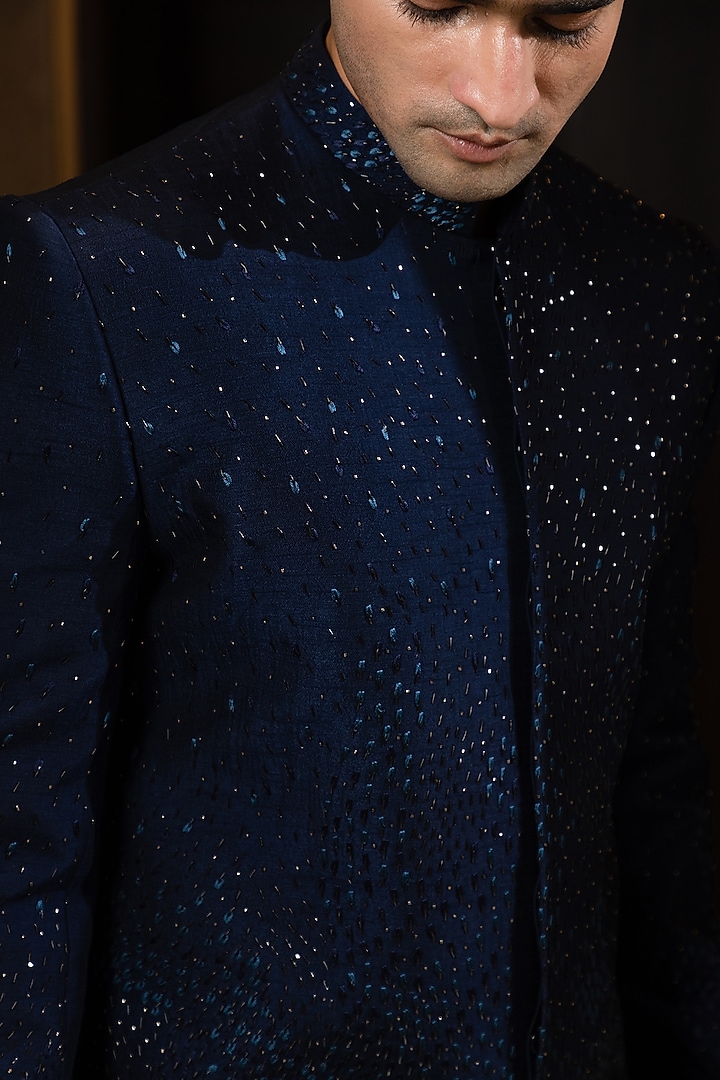 Navy Blue Bam Silk Embroidered Achkan Set by YOSEBA at Pernia's Pop Up Shop