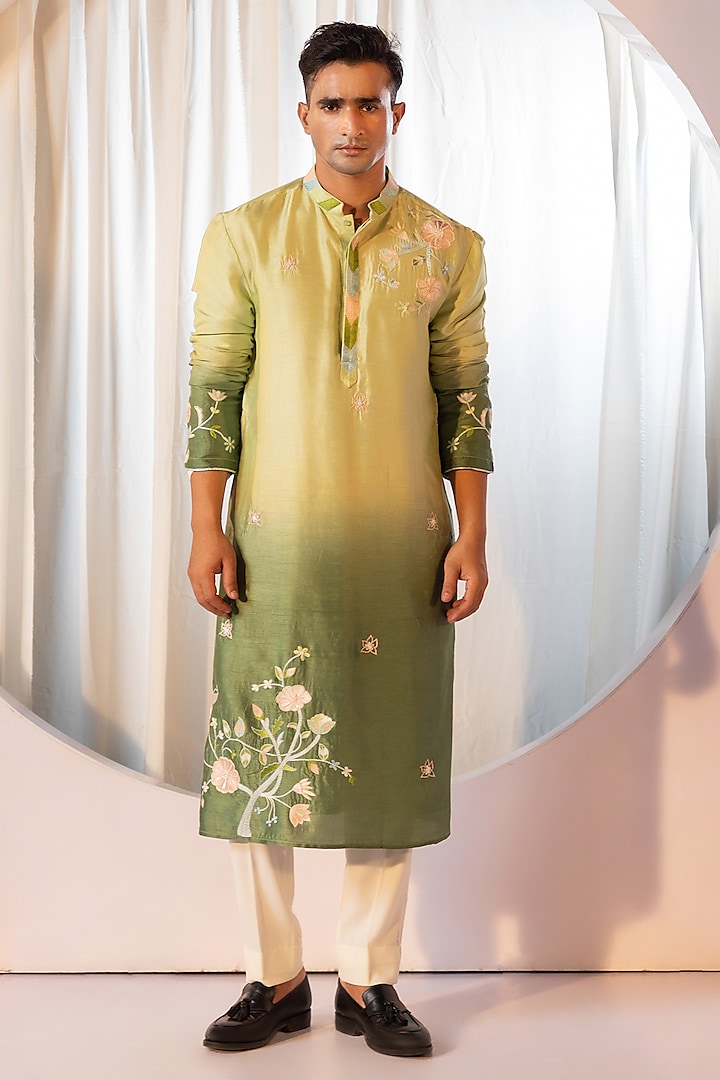 Green Bam Silk Thread Work Kurta Set by YOSEBA at Pernia's Pop Up Shop