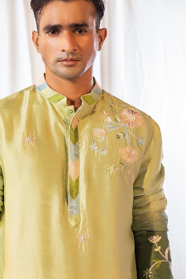 Green Bam Silk Thread Work Kurta Set by YOSEBA at Pernia's Pop Up Shop