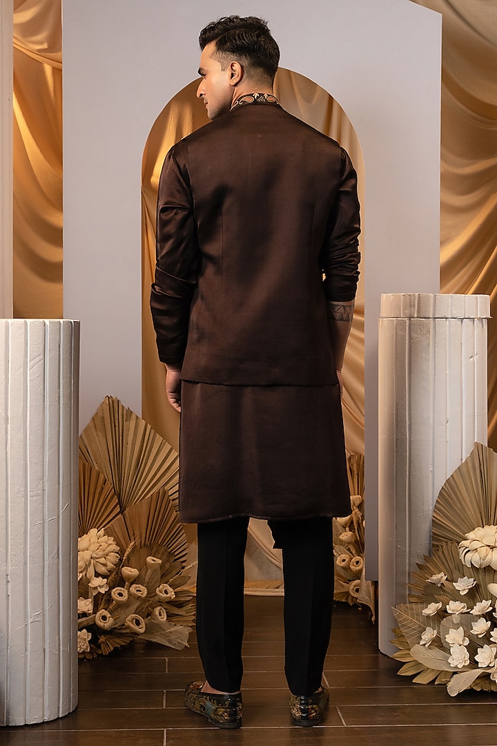 Brown Linen Satin Thread Work Bundi Jacket Set by YOSEBA at Pernia's Pop Up Shop