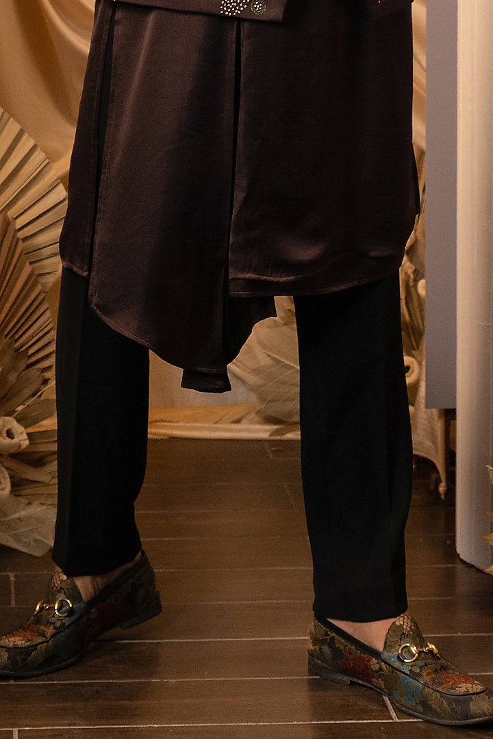 Brown Linen Satin Thread Work Bundi Jacket Set by YOSEBA at Pernia's Pop Up Shop