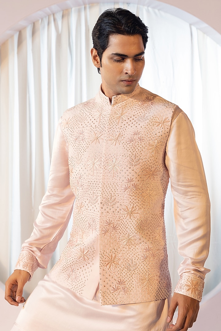Beige Linen Satin Thread Embroidered Bundi Jacket Set by YOSEBA at Pernia's Pop Up Shop