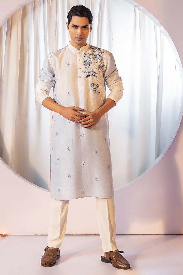 Cyan Blue & Ivory Bam Silk Thread Work Kurta Set by YOSEBA at Pernia's Pop Up Shop