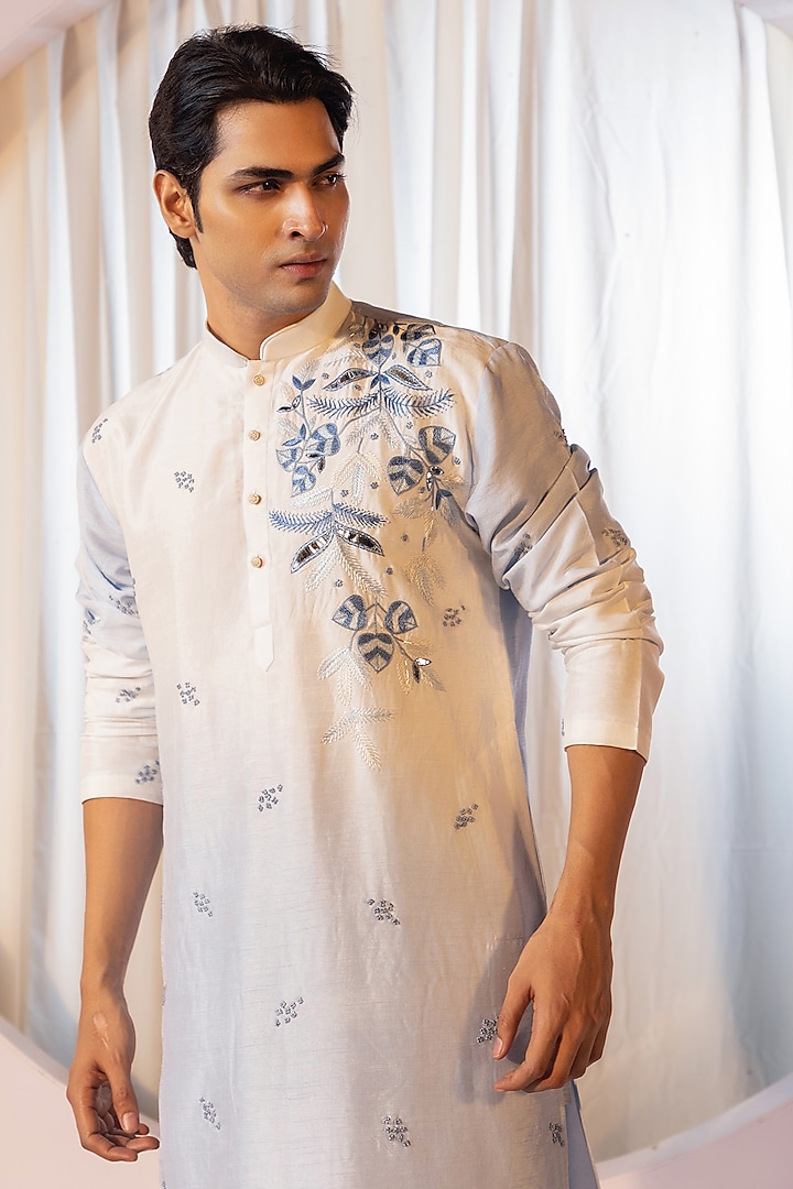 Cyan Blue & Ivory Bam Silk Thread Work Kurta Set by YOSEBA at Pernia's Pop Up Shop