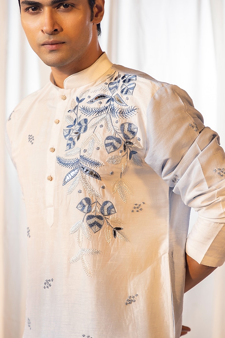 Cyan Blue & Ivory Bam Silk Thread Work Kurta Set by YOSEBA at Pernia's Pop Up Shop