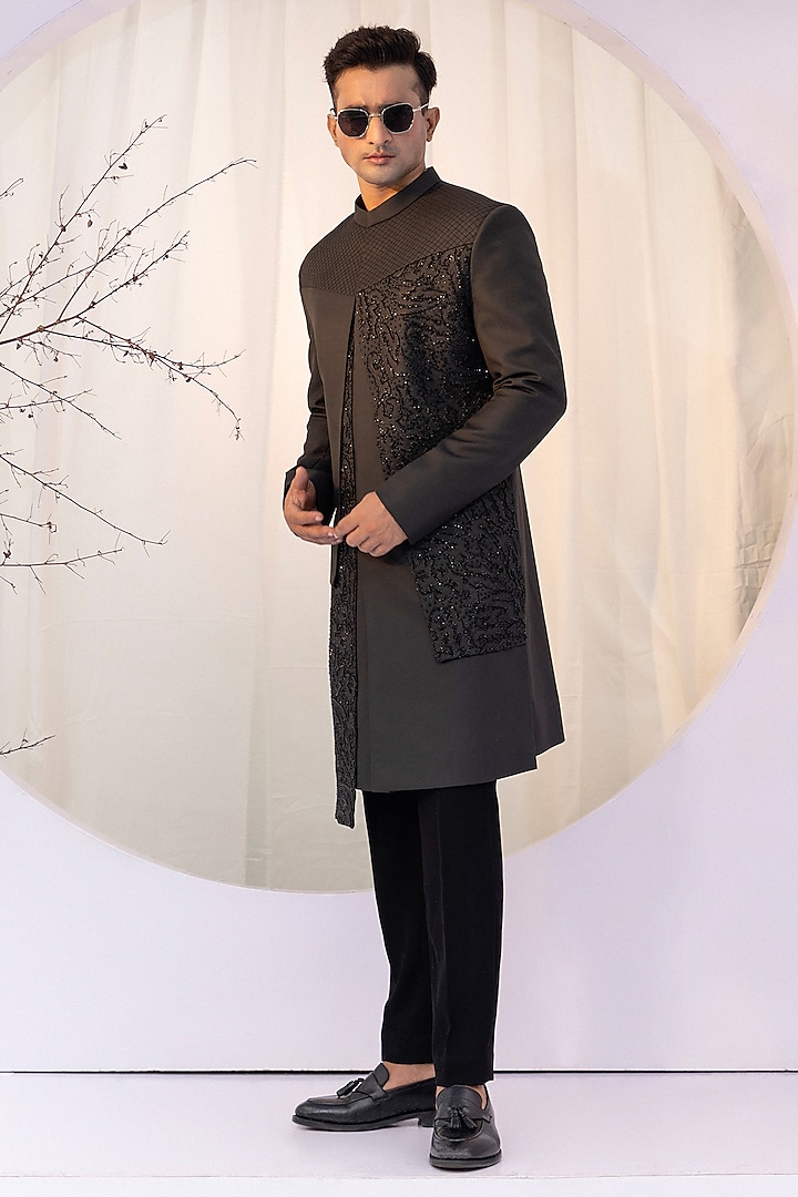 Black Premium Suiting Cutdana Embroidered Achkan Set by YOSEBA at Pernia's Pop Up Shop