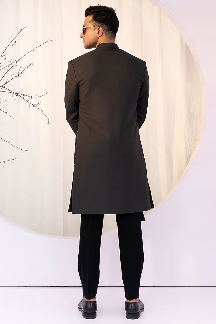 Black Premium Suiting Cutdana Embroidered Achkan Set by YOSEBA at Pernia's Pop Up Shop