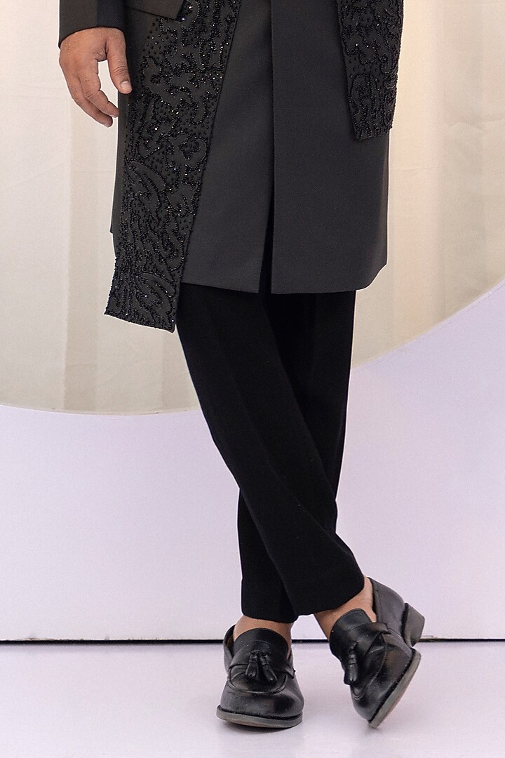 Black Premium Suiting Cutdana Embroidered Achkan Set by YOSEBA at Pernia's Pop Up Shop