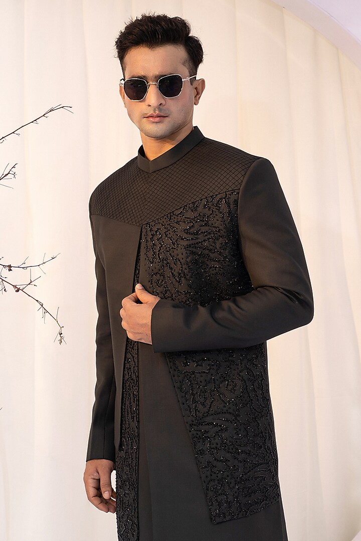 Black Premium Suiting Cutdana Embroidered Achkan Set by YOSEBA at Pernia's Pop Up Shop
