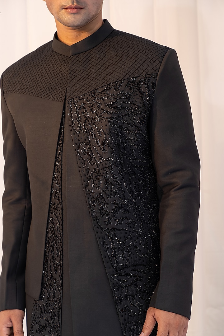 Black Premium Suiting Cutdana Embroidered Achkan Set by YOSEBA at Pernia's Pop Up Shop