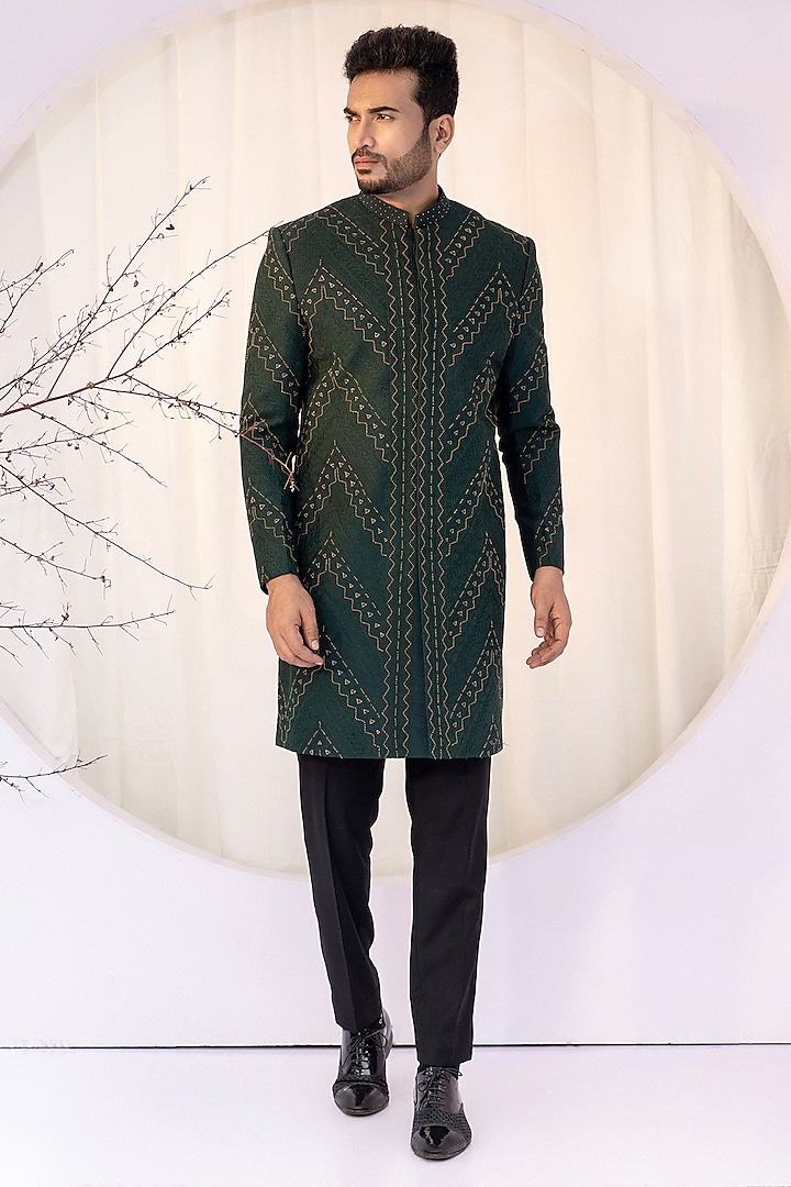 Deep Green Premium Suiting Thread Work Achkan Set by YOSEBA at Pernia's Pop Up Shop