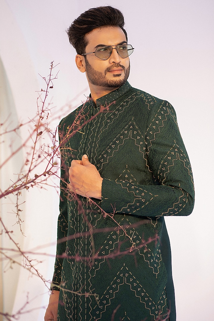 Deep Green Premium Suiting Thread Work Achkan Set by YOSEBA at Pernia's Pop Up Shop