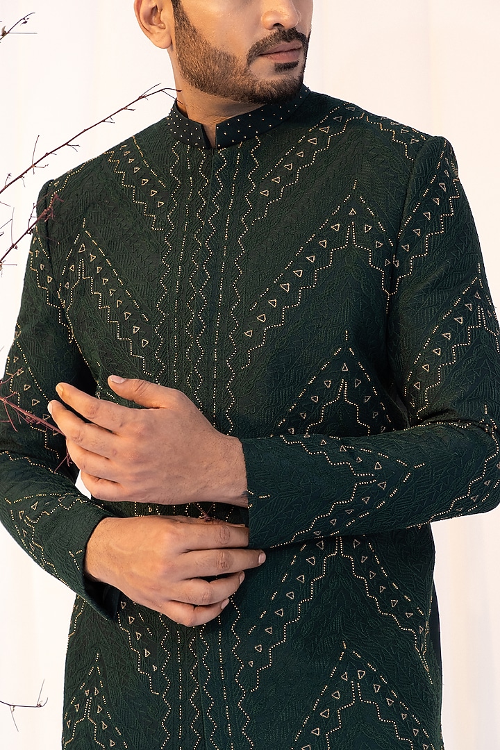 Deep Green Premium Suiting Thread Work Achkan Set by YOSEBA at Pernia's Pop Up Shop