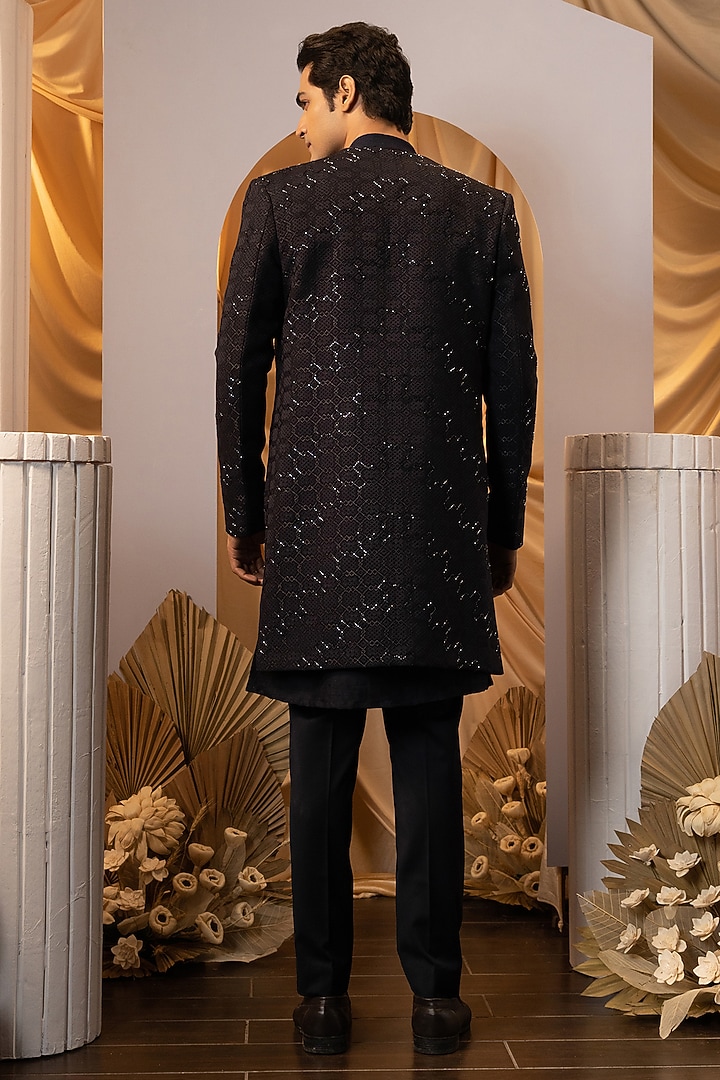 Black Premium Suiting Embroidered Achkan Set by YOSEBA at Pernia's Pop Up Shop