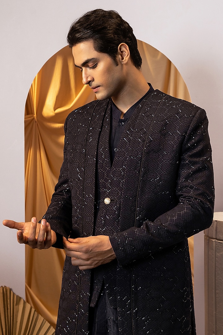 Black Premium Suiting Embroidered Achkan Set by YOSEBA at Pernia's Pop Up Shop