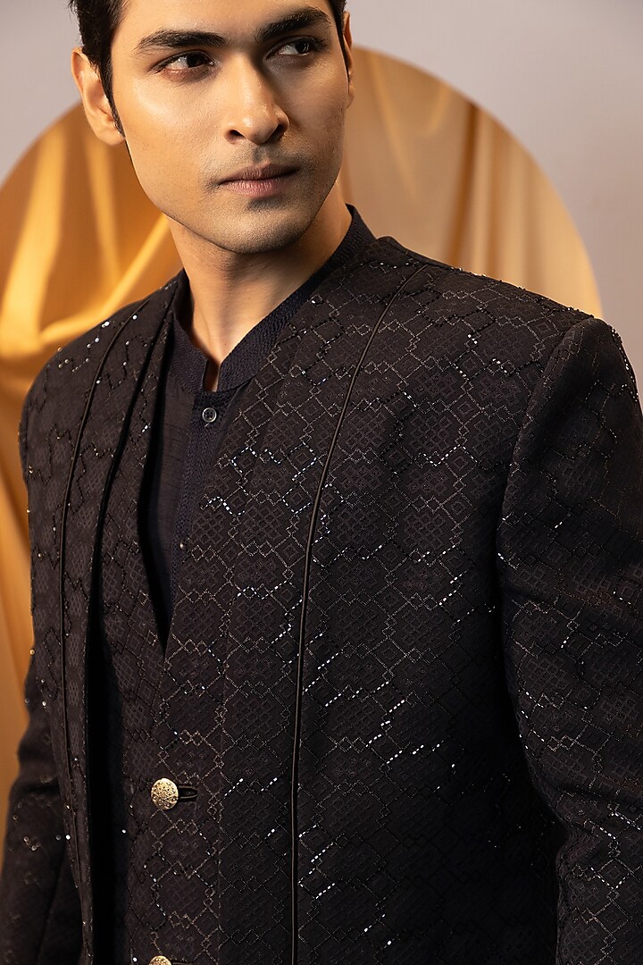 Black Premium Suiting Embroidered Achkan Set by YOSEBA at Pernia's Pop Up Shop