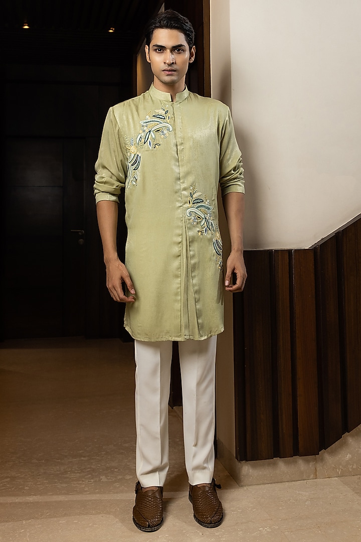 Mint Green Linen Satin Embroidered Kurta Set by YOSEBA