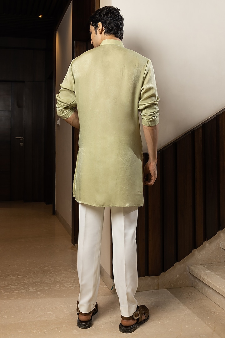 Mint Green Linen Satin Embroidered Kurta Set by YOSEBA at Pernia's Pop Up Shop