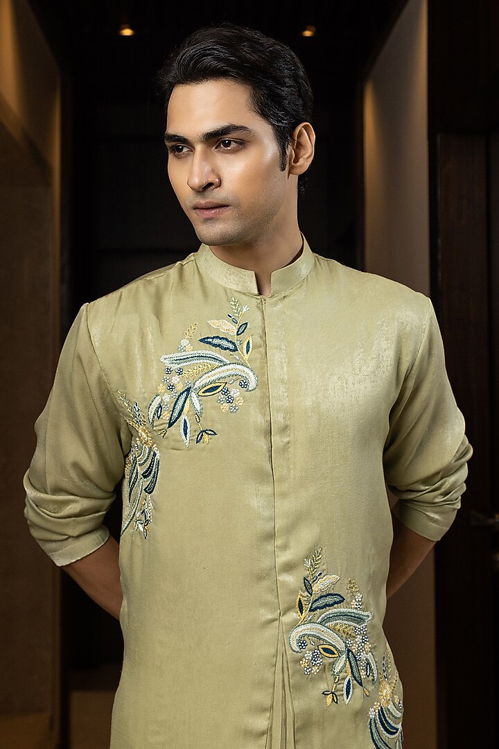 Mint Green Linen Satin Embroidered Kurta Set by YOSEBA at Pernia's Pop Up Shop