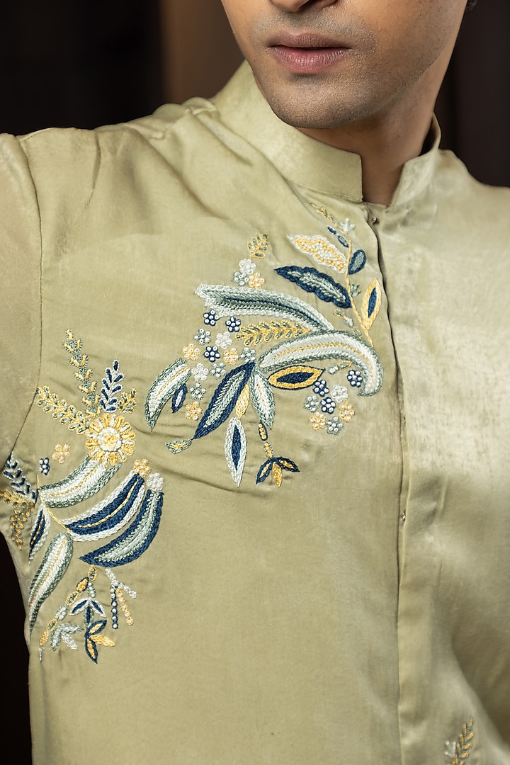 Mint Green Linen Satin Embroidered Kurta Set by YOSEBA at Pernia's Pop Up Shop