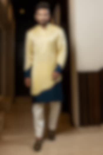 Yellow Linen Satin Color-Blocked Kurta Set by YOSEBA