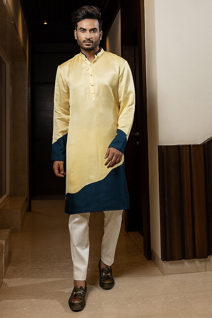 Yellow Linen Satin Color-Blocked Kurta Set by YOSEBA