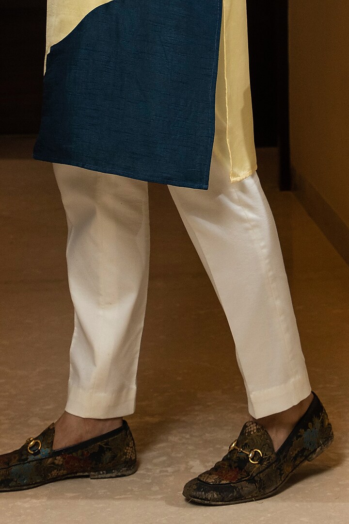 Yellow Linen Satin Color-Blocked Kurta Set by YOSEBA at Pernia's Pop Up Shop