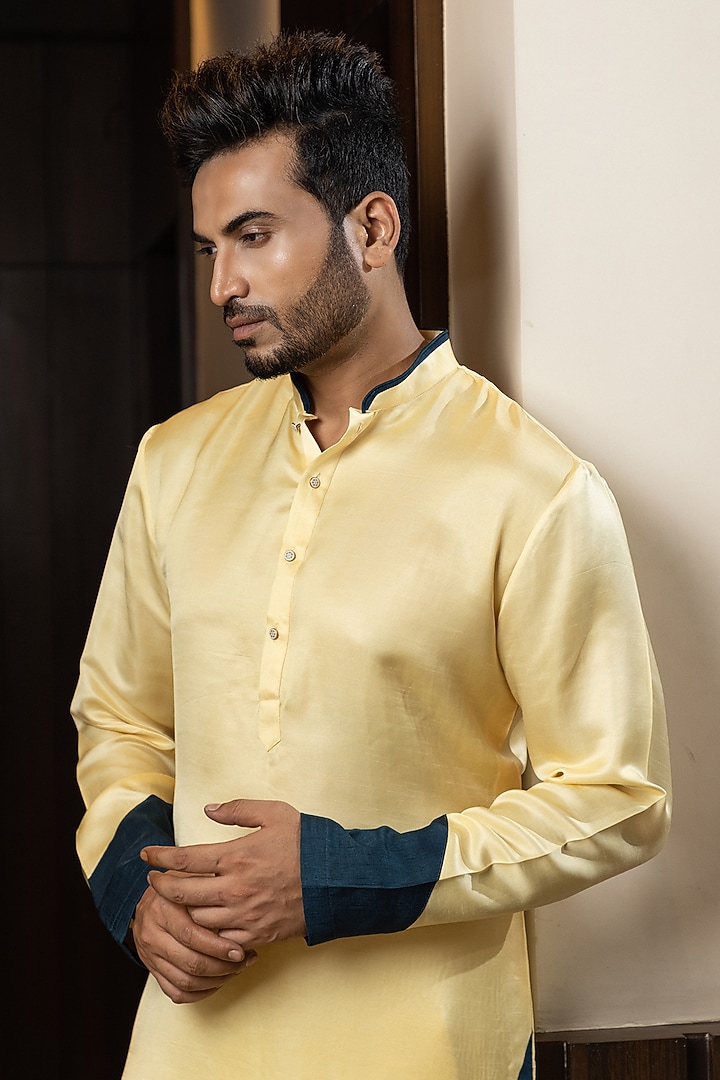 Yellow Linen Satin Color-Blocked Kurta Set by YOSEBA at Pernia's Pop Up Shop