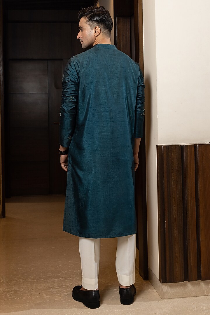 Teal Bam Silk Embroidered Kurta Set by YOSEBA at Pernia's Pop Up Shop