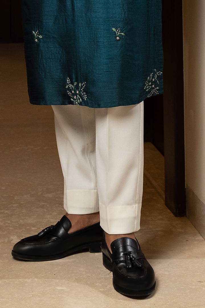 Teal Bam Silk Embroidered Kurta Set by YOSEBA at Pernia's Pop Up Shop