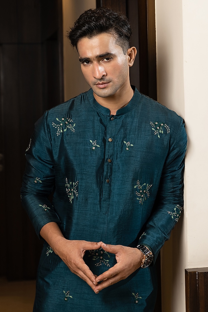 Teal Bam Silk Embroidered Kurta Set by YOSEBA at Pernia's Pop Up Shop