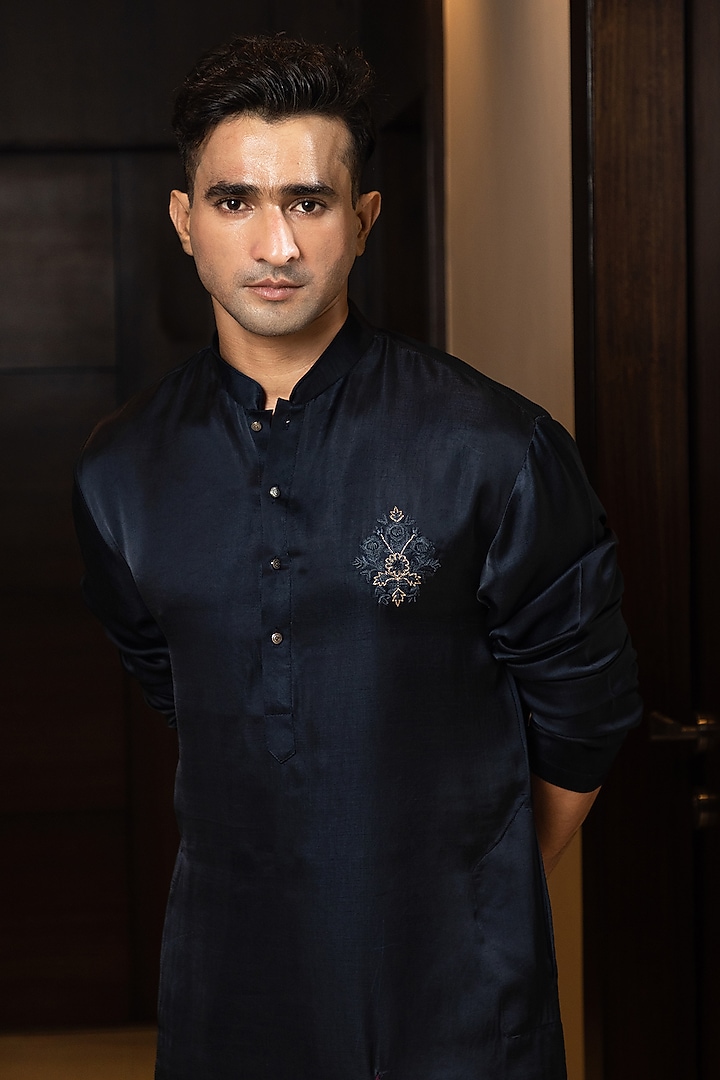 Blue Bam Silk Embellished Kurta Set by YOSEBA at Pernia's Pop Up Shop