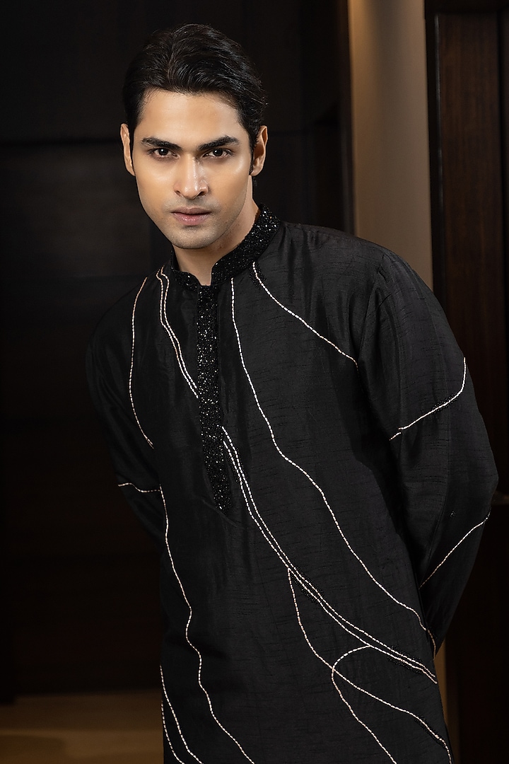 Black Bam Silk Kurta Set by YOSEBA at Pernia's Pop Up Shop