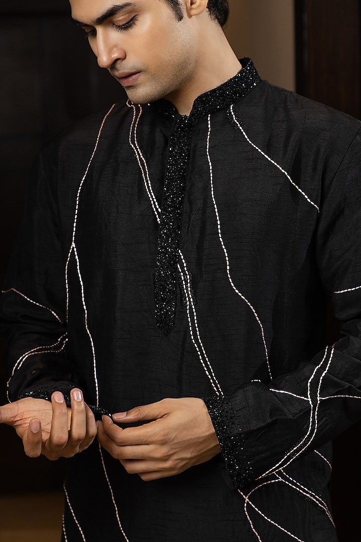 Black Bam Silk Kurta Set by YOSEBA at Pernia's Pop Up Shop