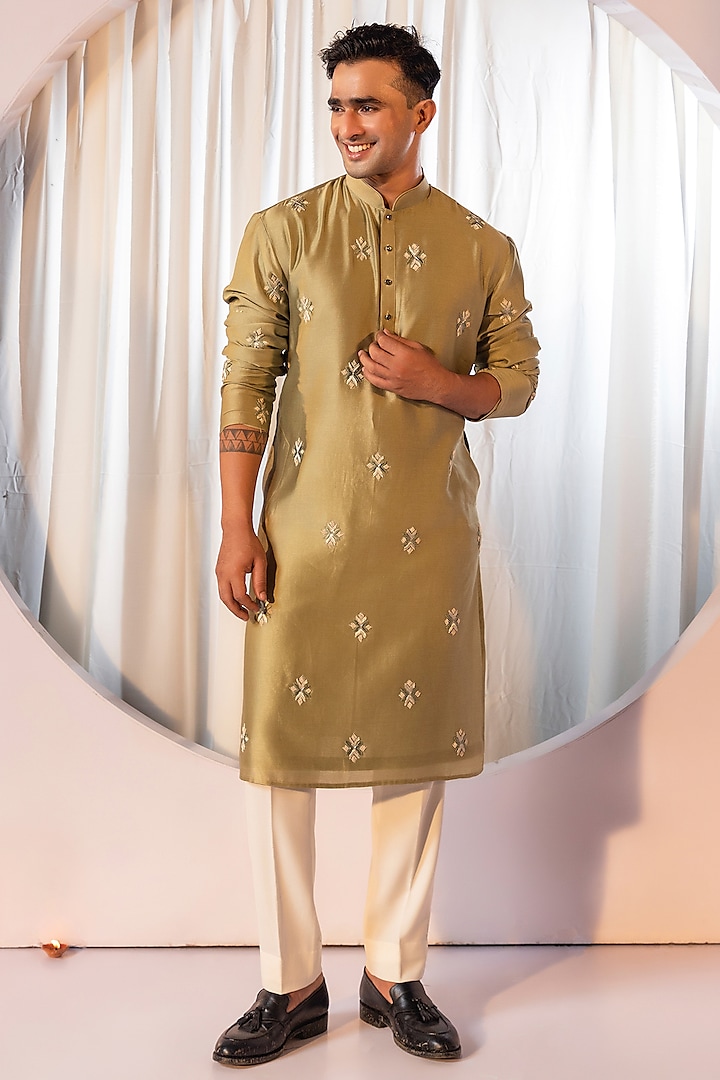 Sage Green Bam Silk Motif Embroidered Kurta Set by YOSEBA at Pernia's Pop Up Shop