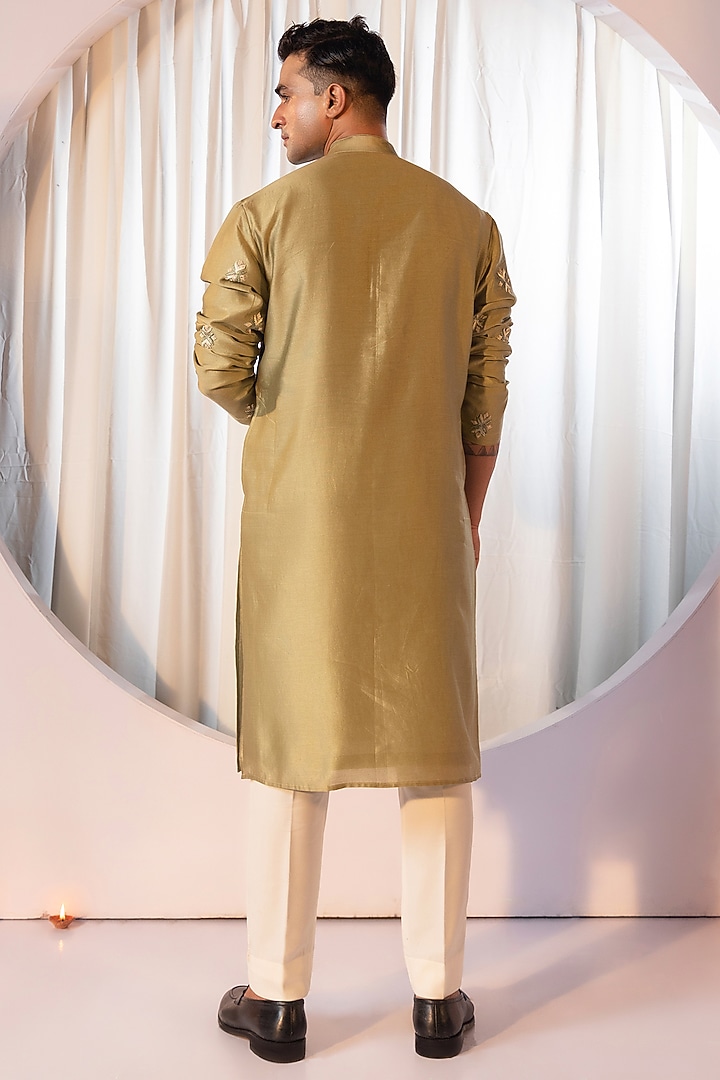 Sage Green Bam Silk Motif Embroidered Kurta Set by YOSEBA at Pernia's Pop Up Shop