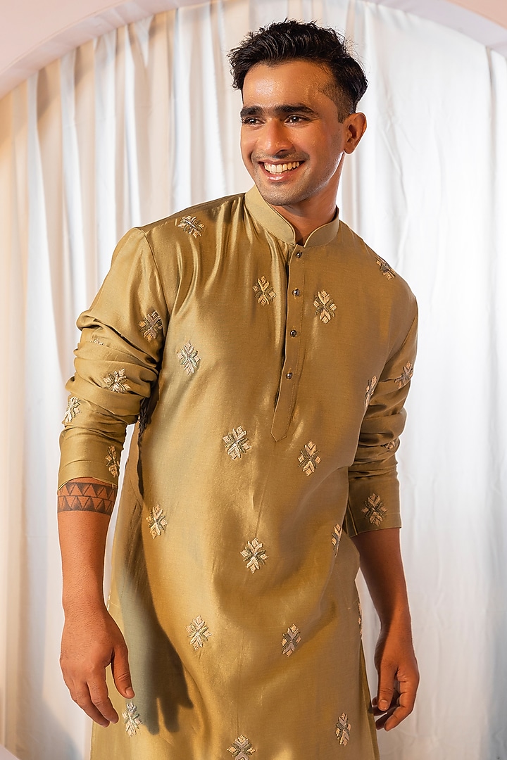 Sage Green Bam Silk Motif Embroidered Kurta Set by YOSEBA at Pernia's Pop Up Shop