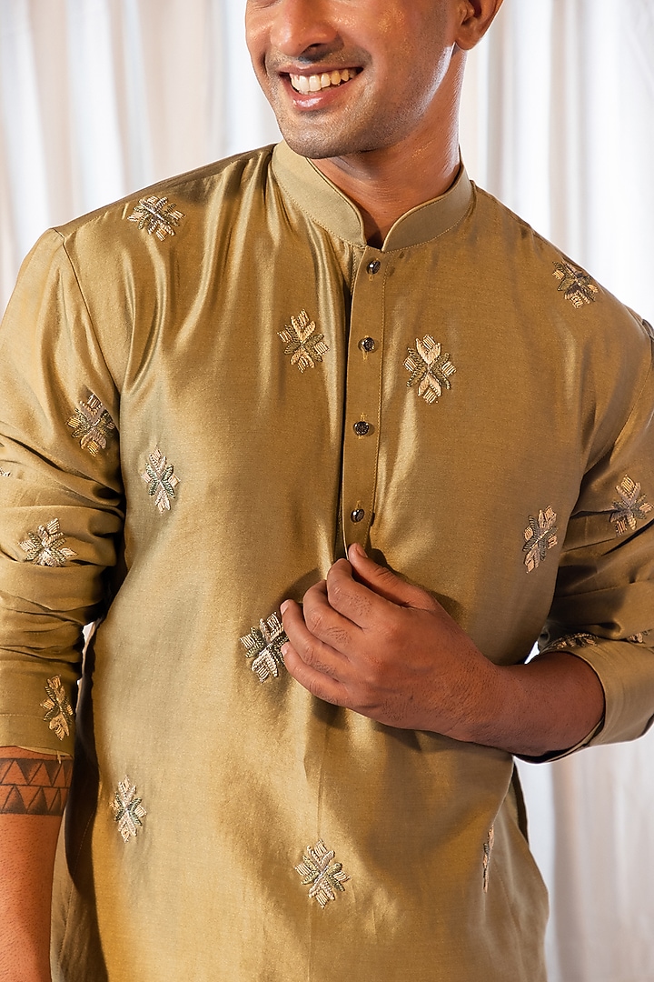 Sage Green Bam Silk Motif Embroidered Kurta Set by YOSEBA at Pernia's Pop Up Shop