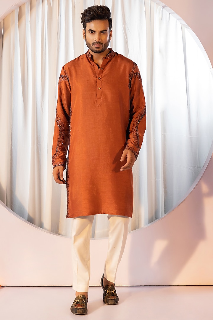 Brown Bam Silk Kurta Set by YOSEBA