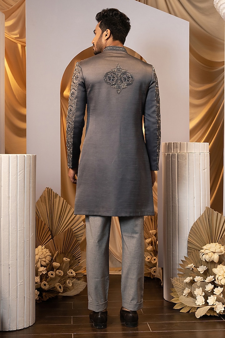 Ice Grey Linen Satin Motif Embroidered Achkan Set by YOSEBA at Pernia's Pop Up Shop
